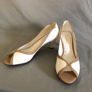 Carriage Court White and Tan Leather Heels